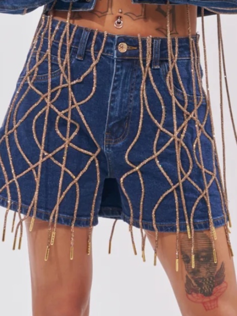 NWT AKIRA Dark Blue Denim Shorts with Gold Fringe - Picture 4 of 7